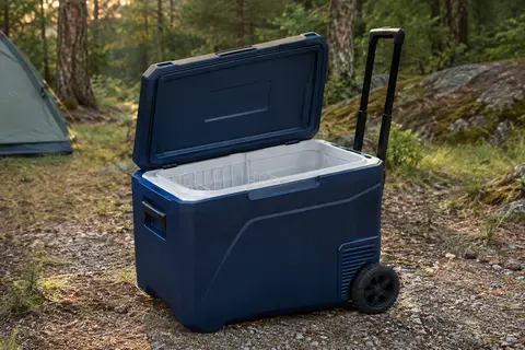 Glacière thermoélectrique bleu marine à roulettes installée dans une clairière de camping, couvercle ouvert
