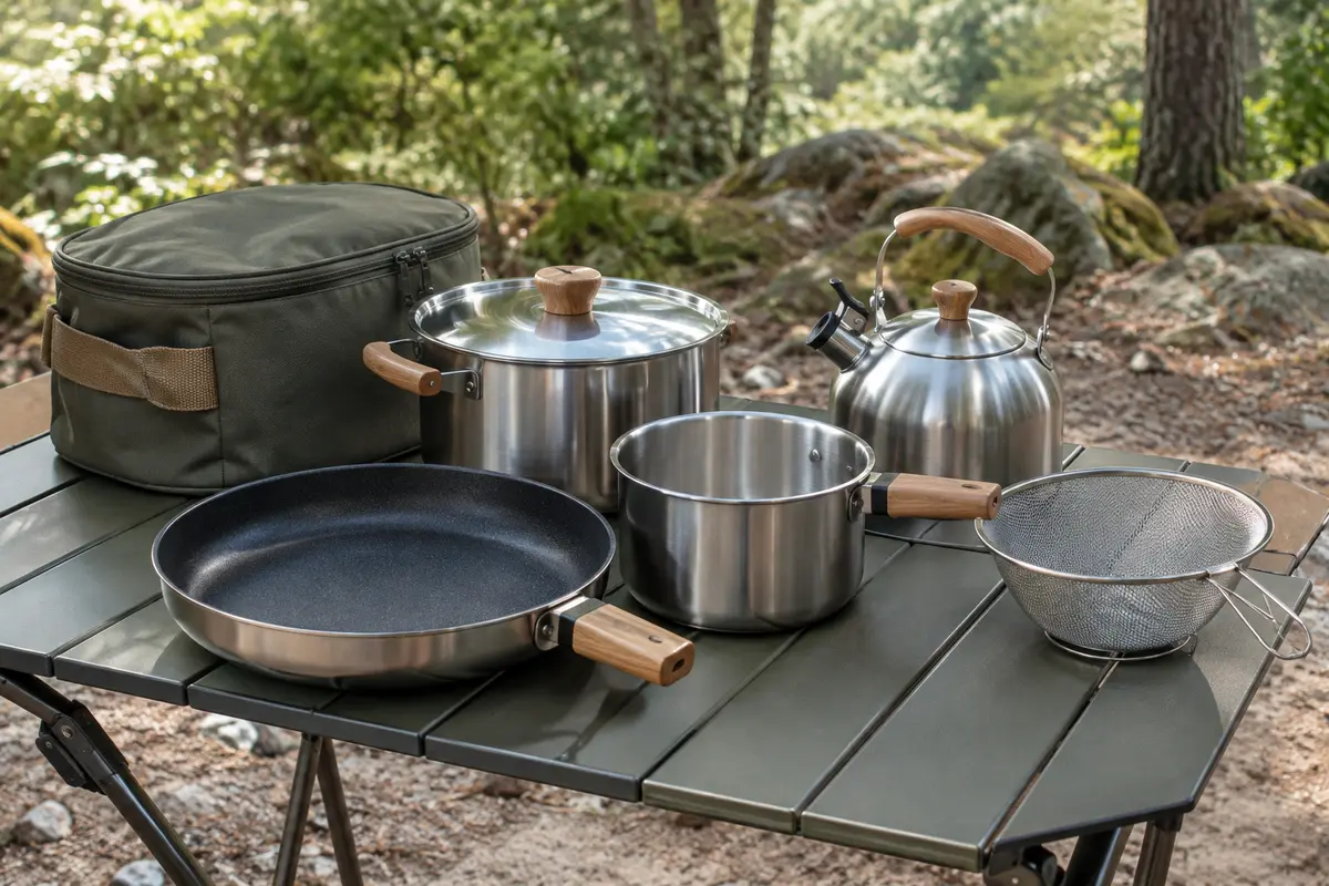 Popote de camping KingCamp en inox avec casseroles, poêle, bouilloire et passoire