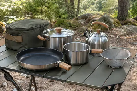Popote de camping KingCamp en inox avec casseroles, poêle, bouilloire et passoire