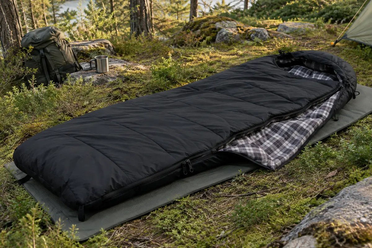 Sac de couchage rectangulaire noir en flanelle, ouvert sur un tapis de sol dans une clairière