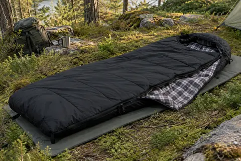 Sac de couchage rectangulaire noir en flanelle, ouvert sur un tapis de sol dans une clairière