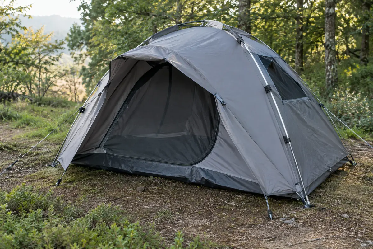 Tente de camping KingCamp grise installée dans une clairière, avec avancée et ouvertures en maille.