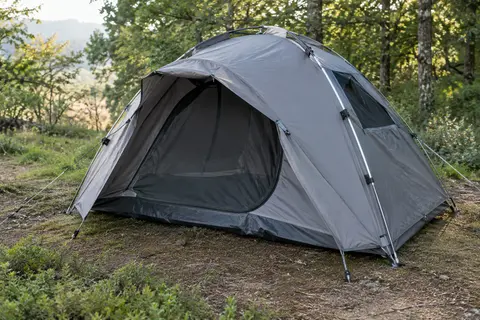 Tente de camping KingCamp grise installée dans une clairière, avec avancée et ouvertures en maille.