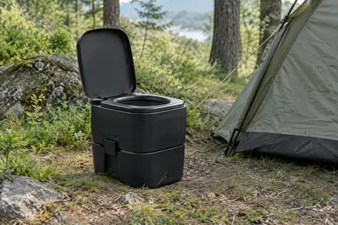 Toilette portable pliable noire avec couvercle installée près d’une tente dans une clairière
