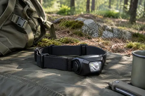 Lampe frontale noire à bandeau réglable posée sur une toile de camping en clairière