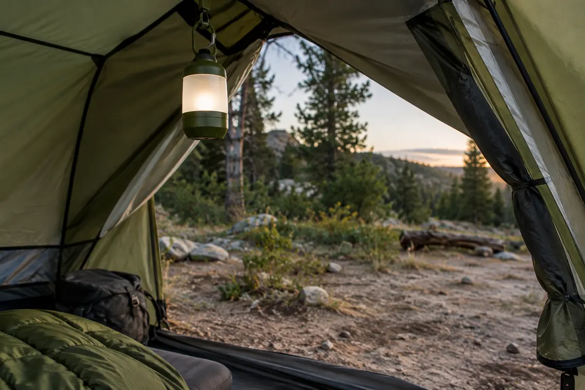 Lanterne de camping verte suspendue dans une tente ouverte, au bord d’une clairière