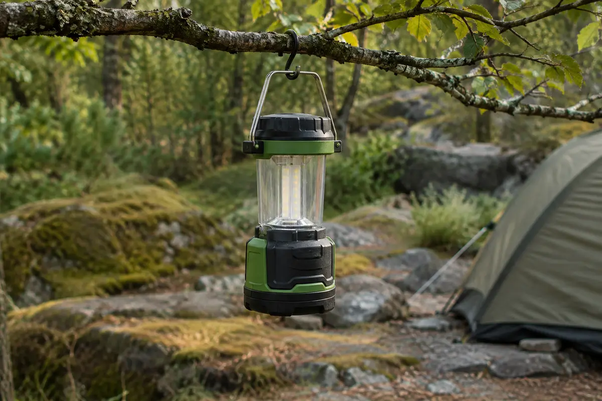 Lanterne LED noire et verte suspendue à une branche dans un sous-bois de camping.