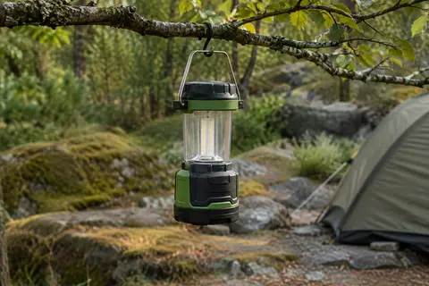 Lanterne LED noire et verte suspendue à une branche dans un sous-bois de camping.