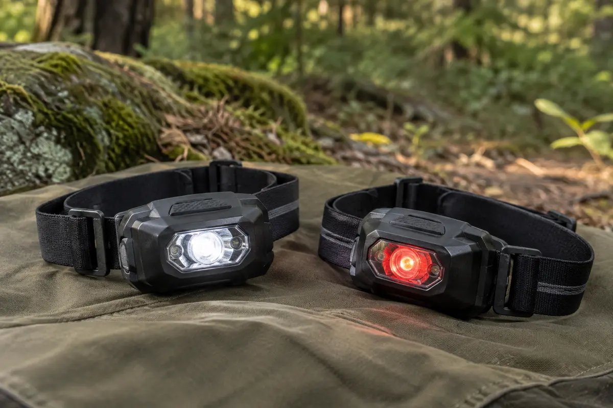 Deux lampes frontales noires à bandeau élastique posées sur une toile de camping en sous-bois.