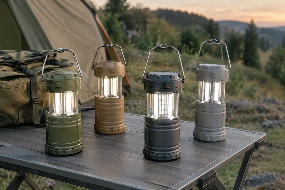 Quatre lanternes de camping LED rétractables posées près d’une tente dans une clairière