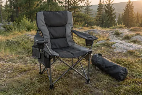 Chaise de camping pliante noire et grise, rembourrée, avec porte-gobelets et poches de rangement.
