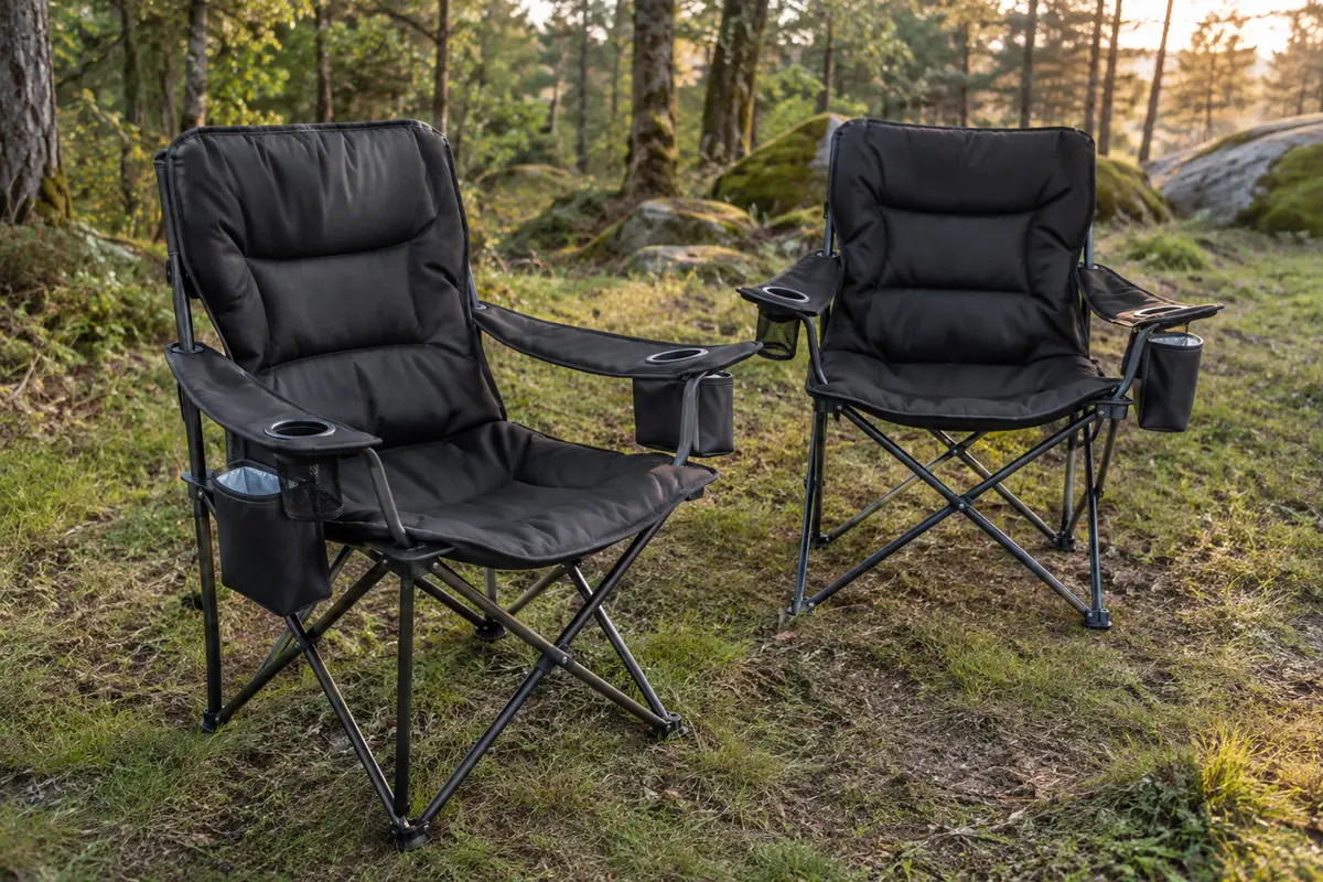 Deux chaises pliantes de camping noires rembourrées, avec porte-gobelet et poche isotherme, dans une clairière