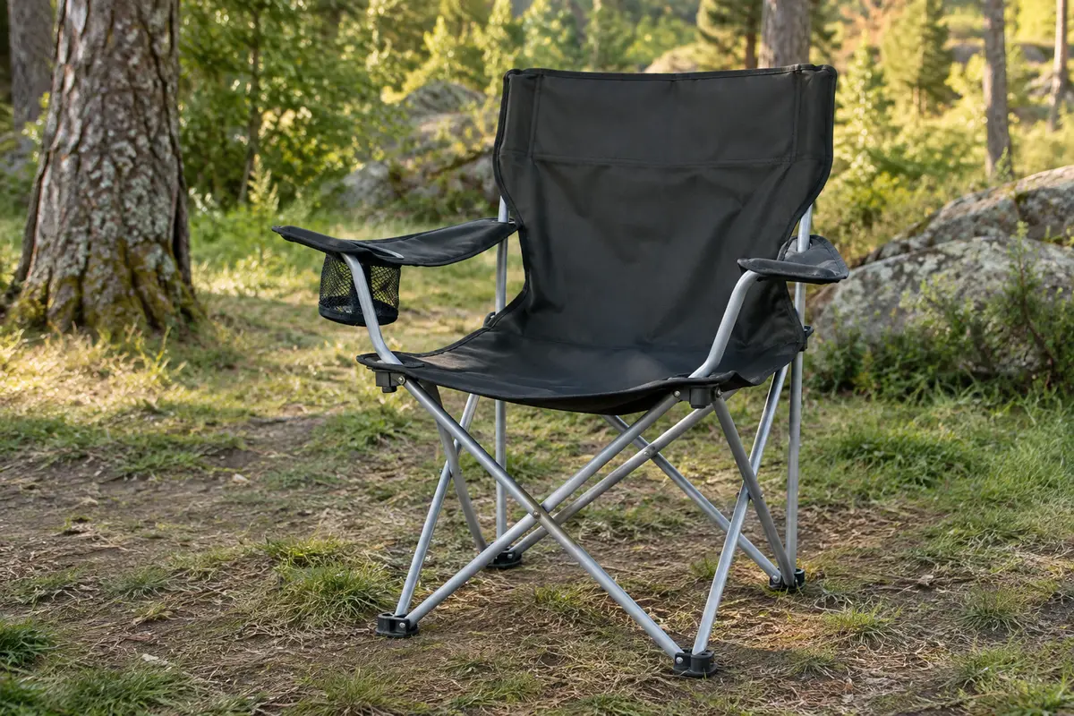 Chaise de camping pliante noire avec accoudoirs et porte-gobelet, installée sur le sol d’une clairière.