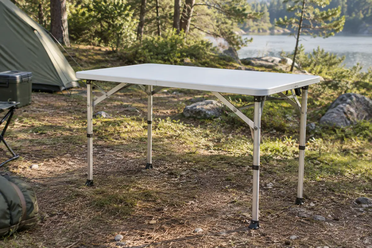 Table pliante blanche de camping avec plateau rectangulaire et structure en aluminium, installée dans une clairière