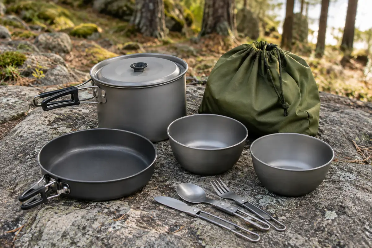 Popote de camping grise avec casserole, poêle, bols, ustensiles et pochette verte à cordon