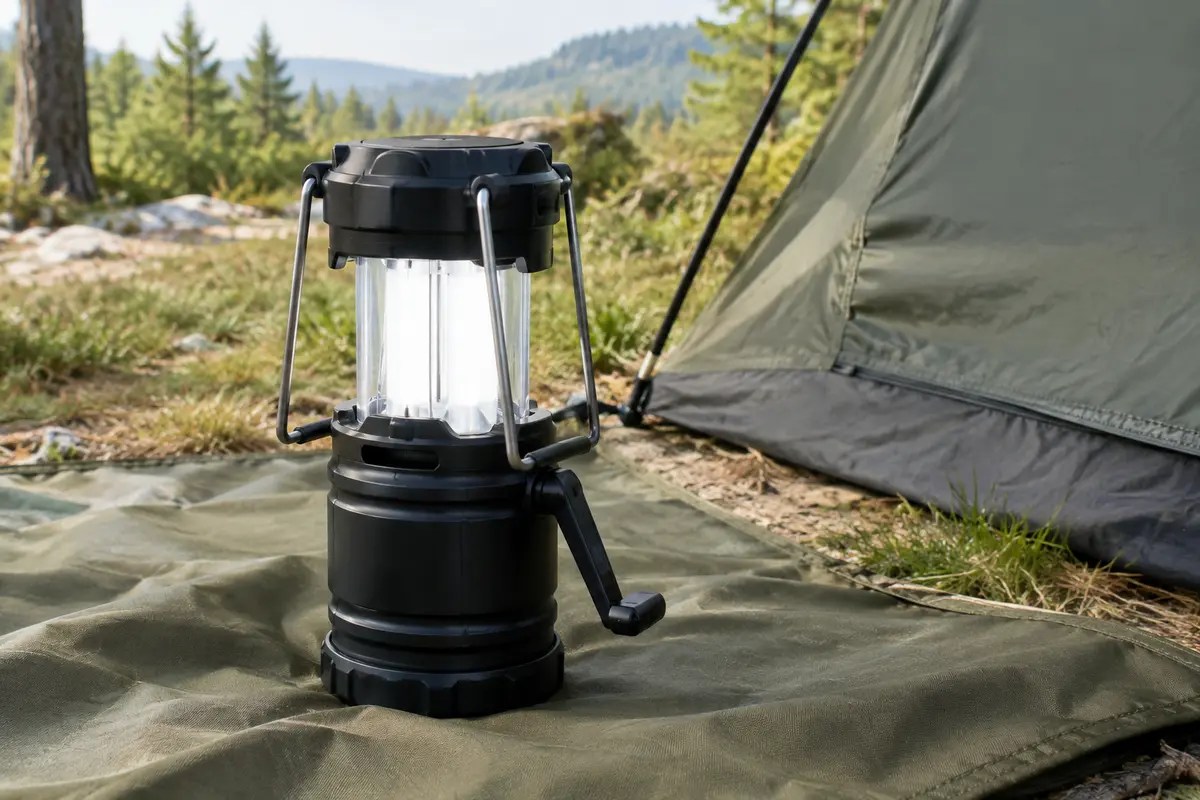 Lanterne de camping noire pliable posée près d’une tente dans une clairière, poignées relevées