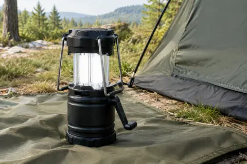 Lanterne de camping noire pliable posée près d’une tente dans une clairière, poignées relevées