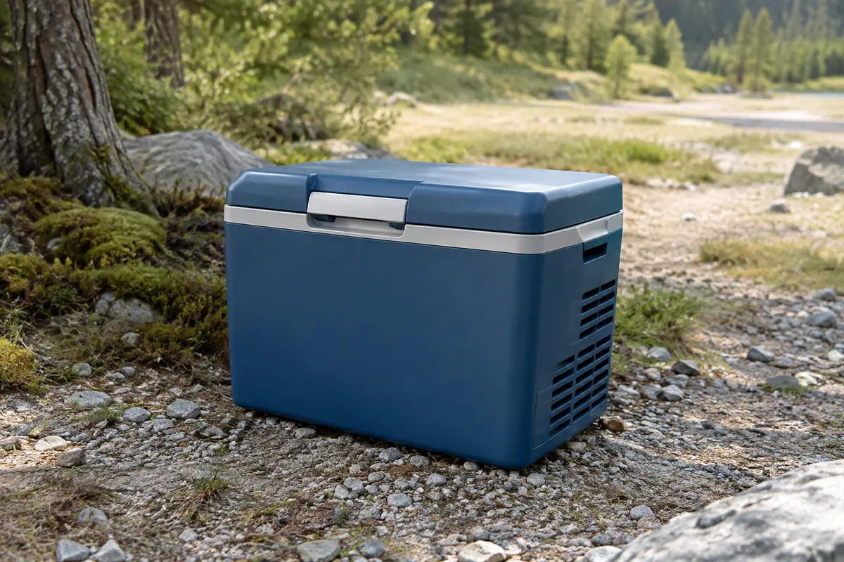 Glacière électrique bleue de 26 litres posée sur un terrain de camping, couvercle et poignée visibles.