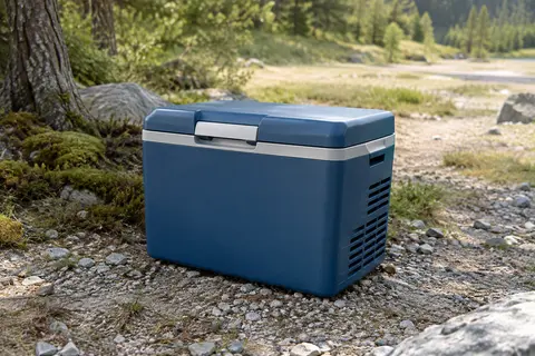 Glacière électrique bleue de 26 litres posée sur un terrain de camping, couvercle et poignée visibles.