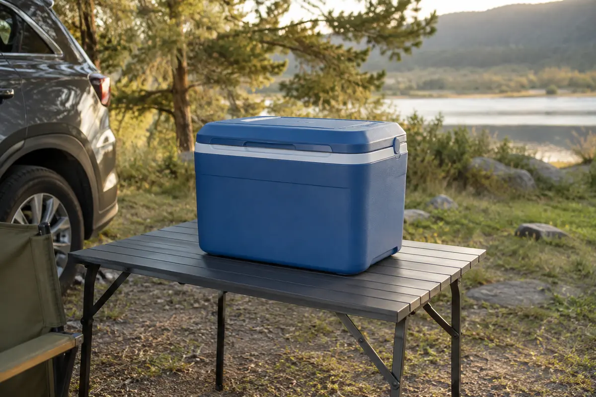 Glacière électrique bleue compacte installée sur une table dans une clairière de camping.