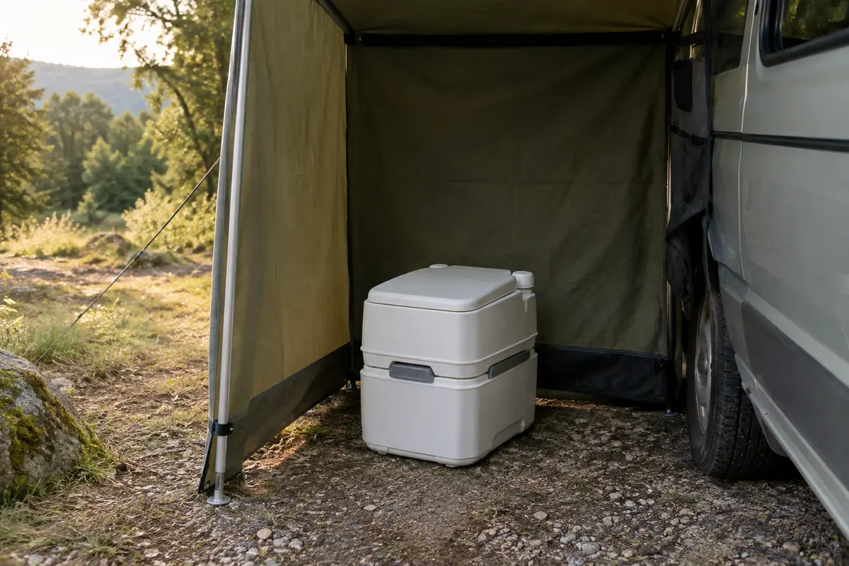 Toilette portable de camping blanche installée sous un abri discret près d’un van aménagé