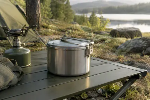 Casserole de randonnée en acier inoxydable avec couvercle ajusté et poignée rabattue, posée sur une table de camping.