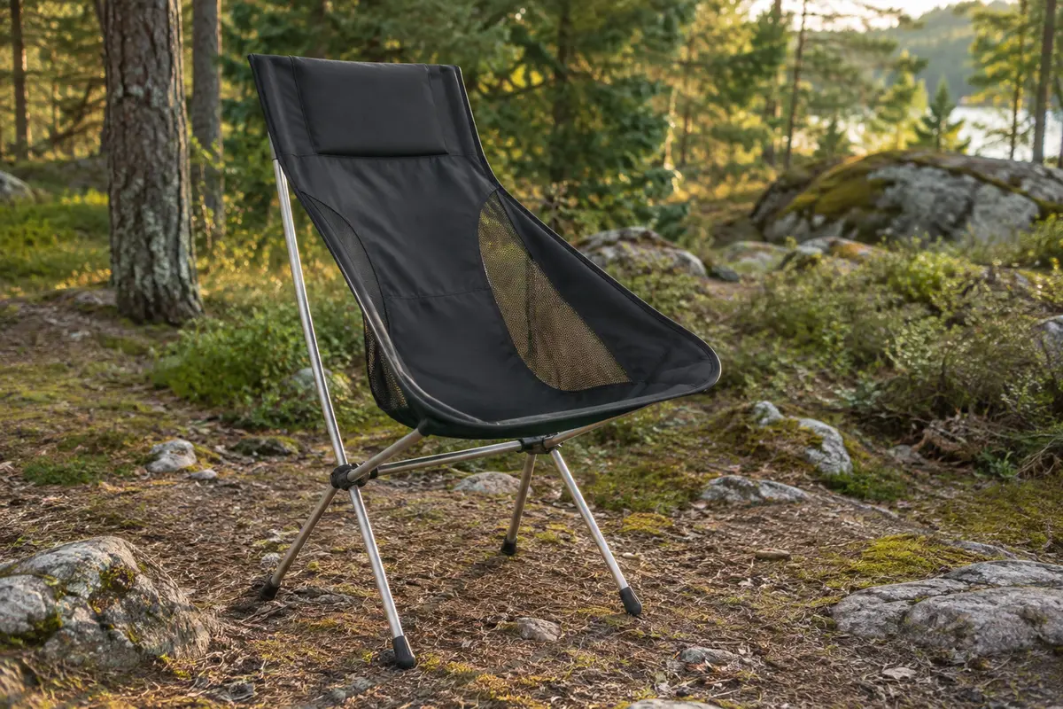 Chaise lune Naturehike noire à dossier haut, armature en aluminium et toile avec maille respirante