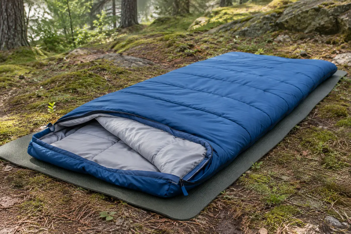 Sac de couchage rectangulaire bleu déplié sur un tapis de sol dans une clairière de camping