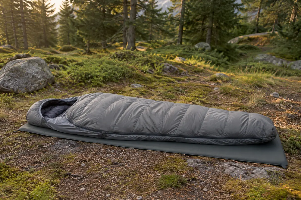 Sac de couchage momie gris déplié sur un tapis dans une clairière de camping