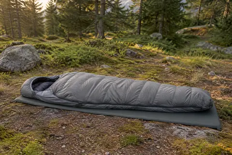 Sac de couchage momie gris déplié sur un tapis dans une clairière de camping