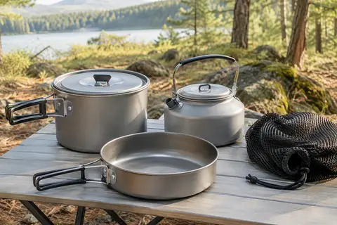 Popote de camping en aluminium avec casserole, poêle et bouilloire empilables
