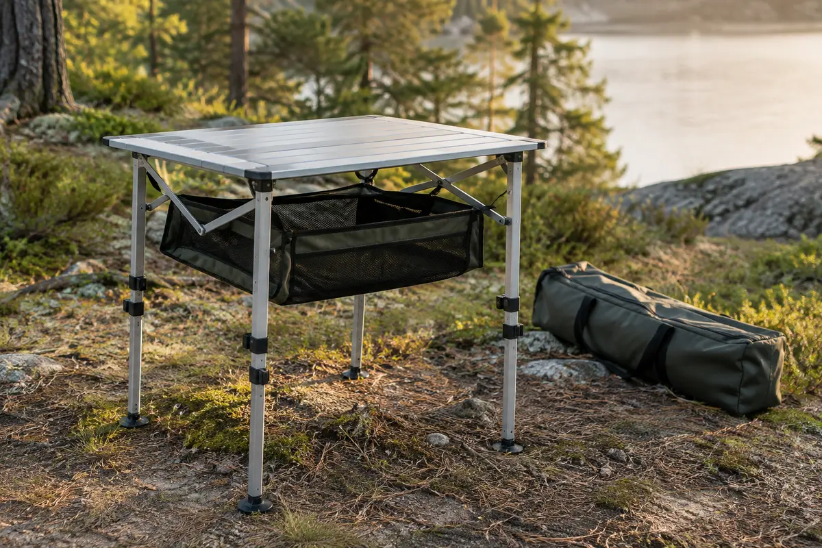 Petite table de camping pliante en aluminium, avec pieds réglables et rangement sous le plateau, installée en clairière.