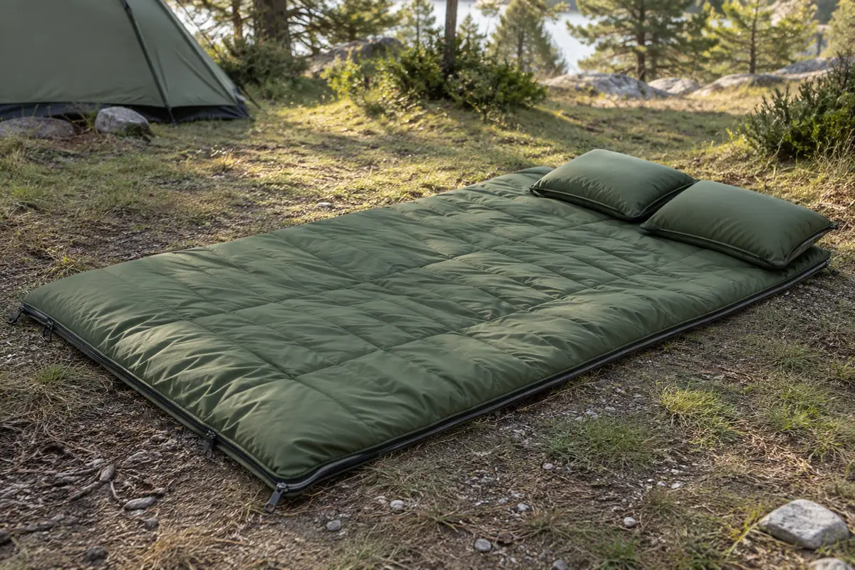 Sac de couchage double vert déplié dans une clairière, avec deux oreillers à son extrémité.