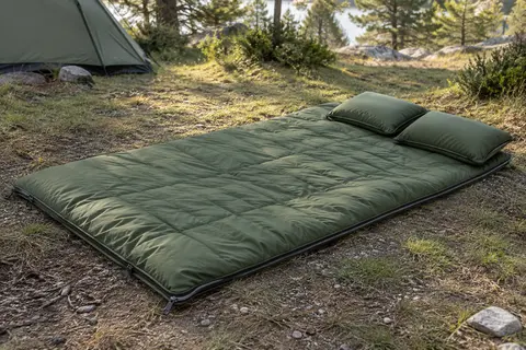 Sac de couchage double vert déplié dans une clairière, avec deux oreillers à son extrémité.