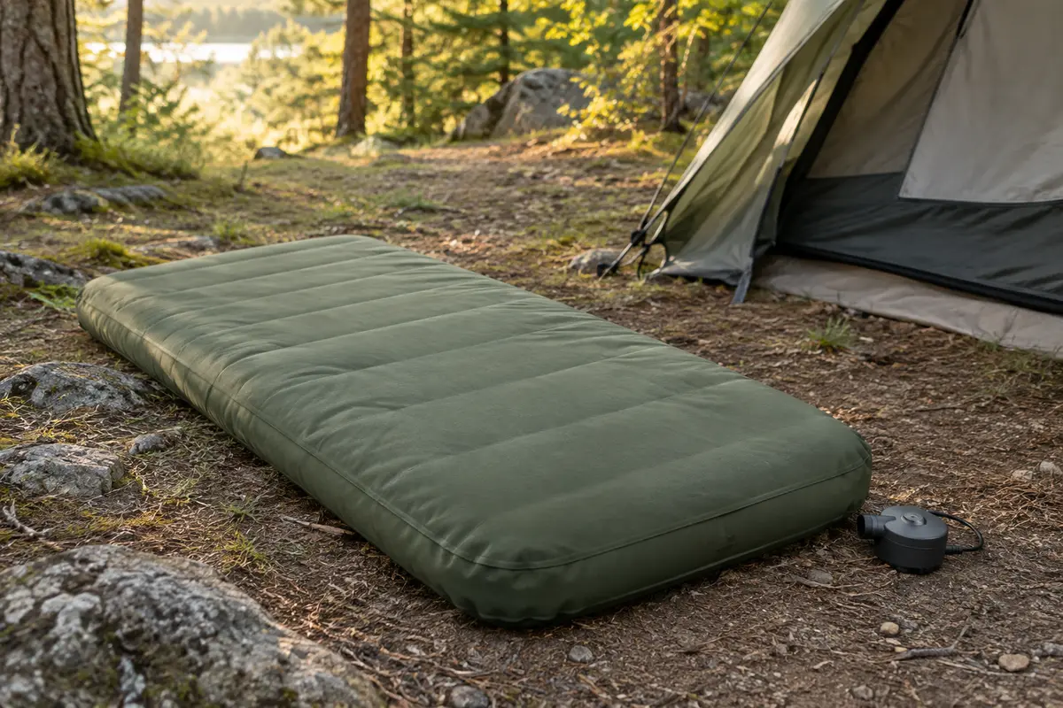 Matelas de camping vert armée avec pompe amovible posé dans une clairière près d’une tente