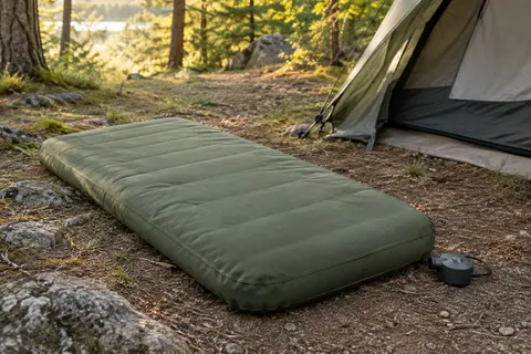 Matelas de camping vert armée avec pompe amovible posé dans une clairière près d’une tente