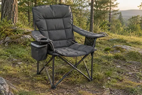Chaise de camping pliante gris foncé, rembourrée, avec poche latérale et porte-gobelet dans une clairière.
