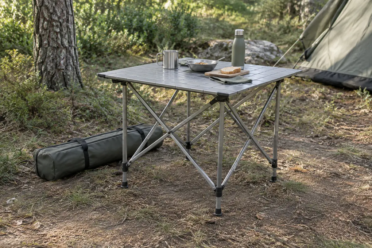 Table de camping pliante grise à plateau enroulable installée dans une clairière, avec son sac de transport à côté.