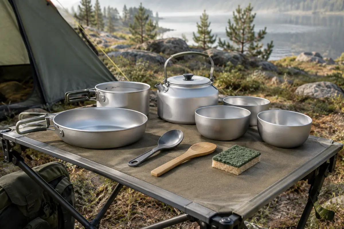Batterie de cuisine Queta en aluminium avec poêle, casserole, théière, bols et ustensiles de camping
