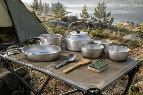 Batterie de cuisine Queta en aluminium avec poêle, casserole, théière, bols et ustensiles de camping