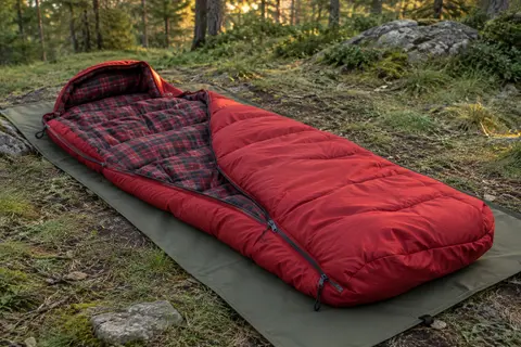 Sac de couchage rectangulaire rouge en flanelle avec capuche amovible posé dans une clairière