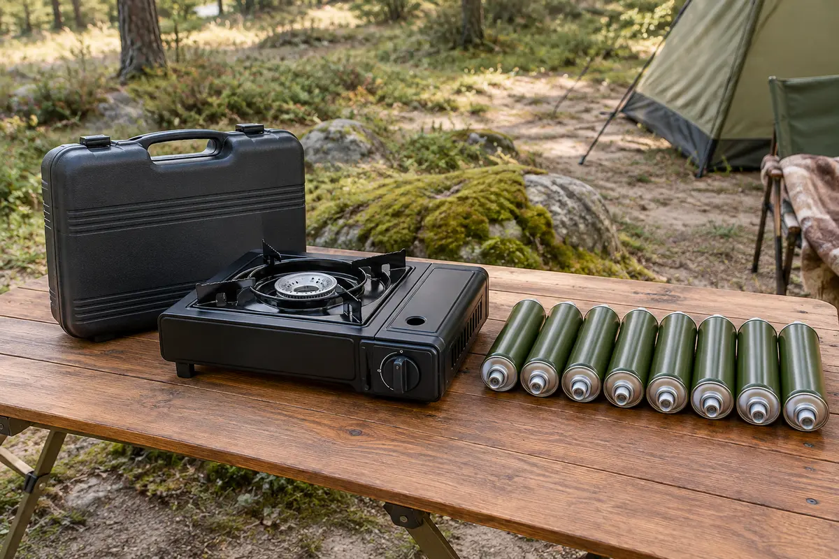 Réchaud de camping RHP en métal noir avec pare-vent, étui de transport et cartouches à baïonnette