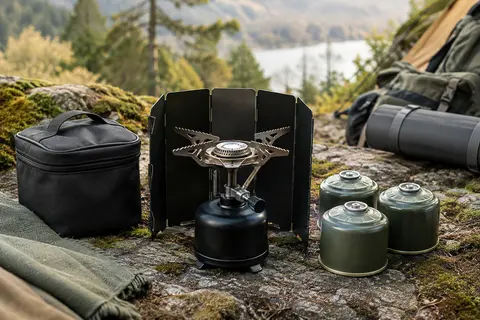 Réchaud de camping RHP en métal noir avec pare-vent, étui de transport et cartouches à baïonnette