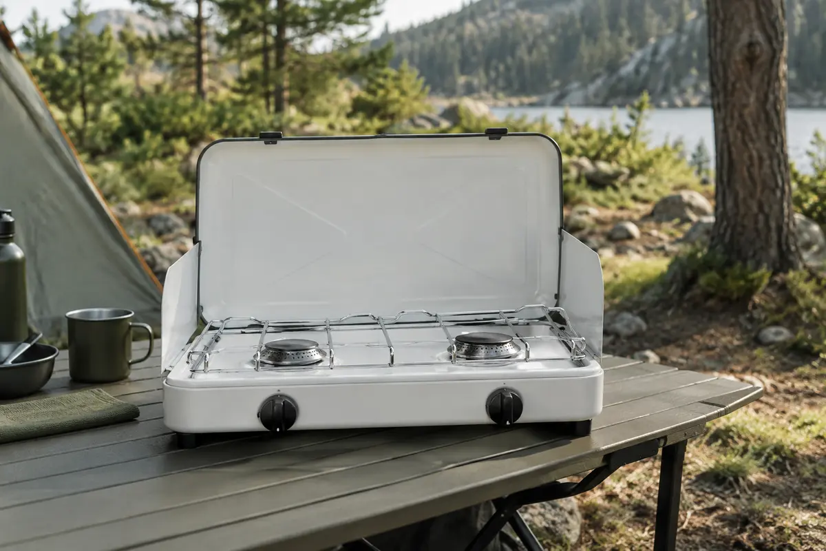 Réchaud de camping blanc à deux feux avec grille en acier et couvercle rabattable, posé sur une table.