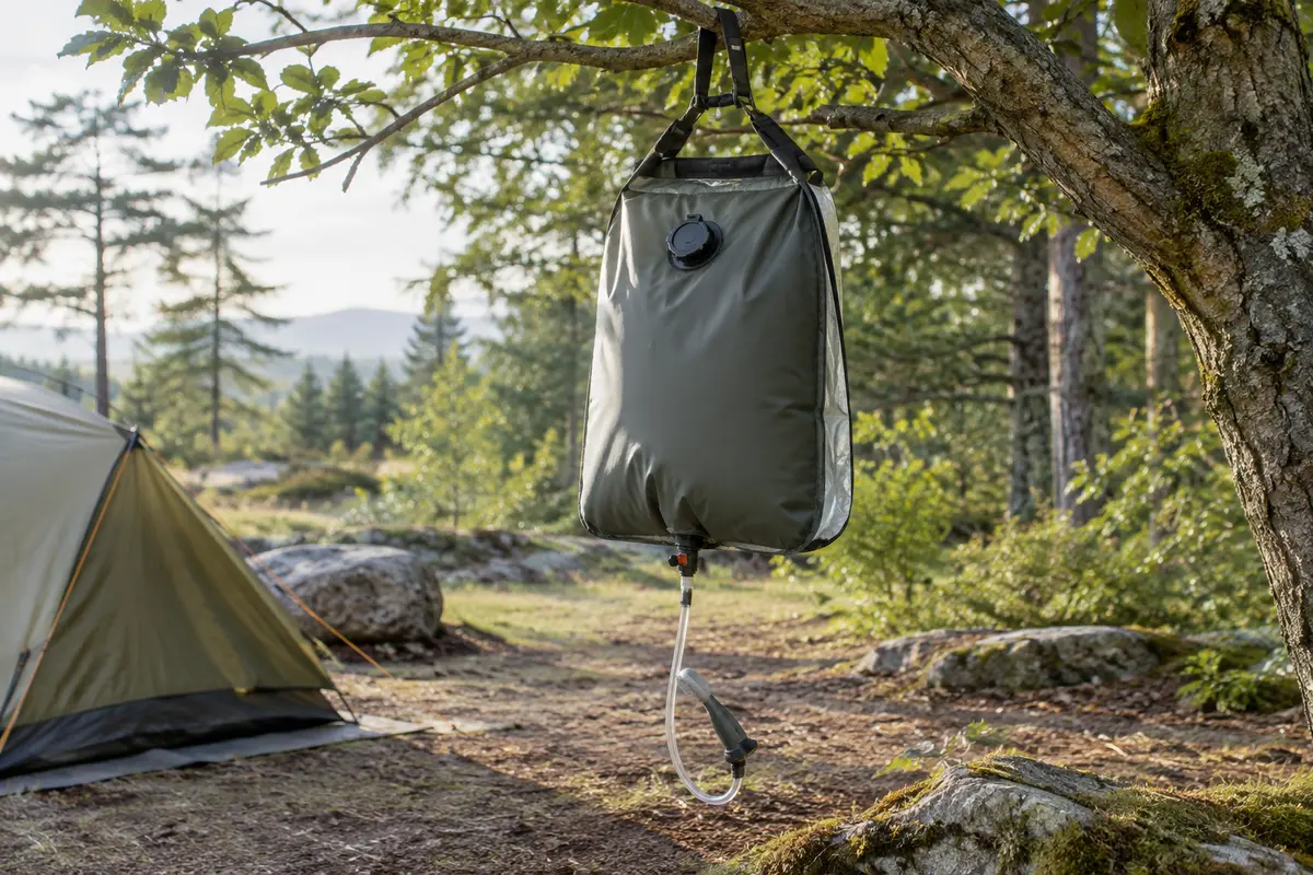 Sac de douche solaire de 20 litres suspendu dans un emplacement de camping, avec tuyau et pommeau visibles.