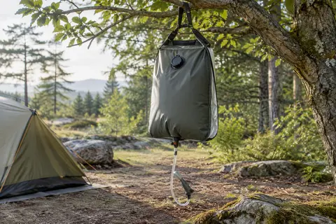 Sac de douche solaire de 20 litres suspendu dans un emplacement de camping, avec tuyau et pommeau visibles.