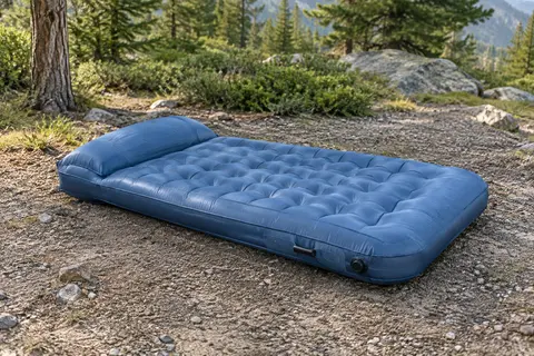 Matelas gonflable de camping bleu avec oreiller intégré posé sur un sol minéral en clairière.