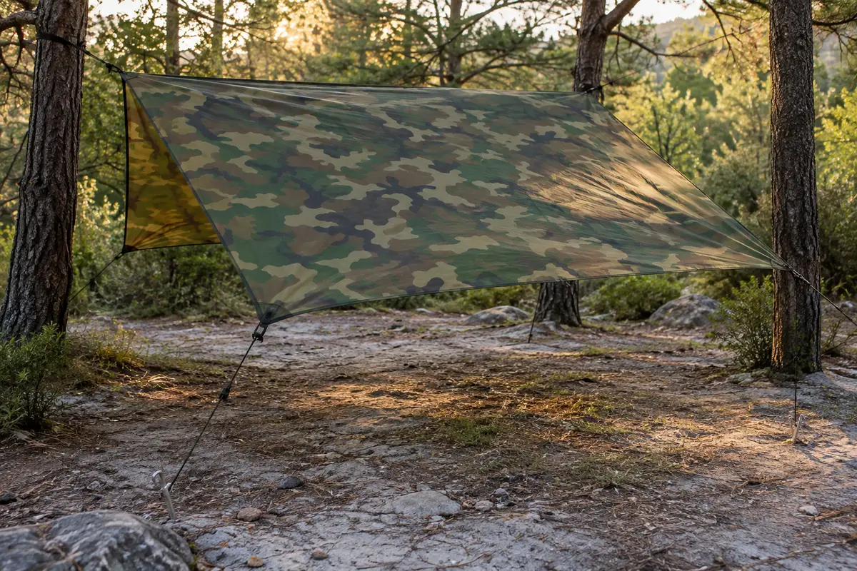 Bâche de camping camouflage tendue dans une clairière, avec ses haubans et ses piquets au sol.