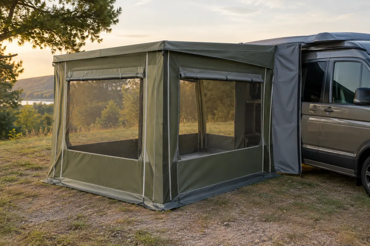 Auvent de bus vert et gris installé à côté d’un van sur un emplacement de camping dégagé.