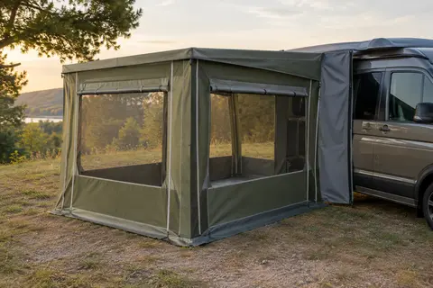 Auvent de bus vert et gris installé à côté d’un van sur un emplacement de camping dégagé.